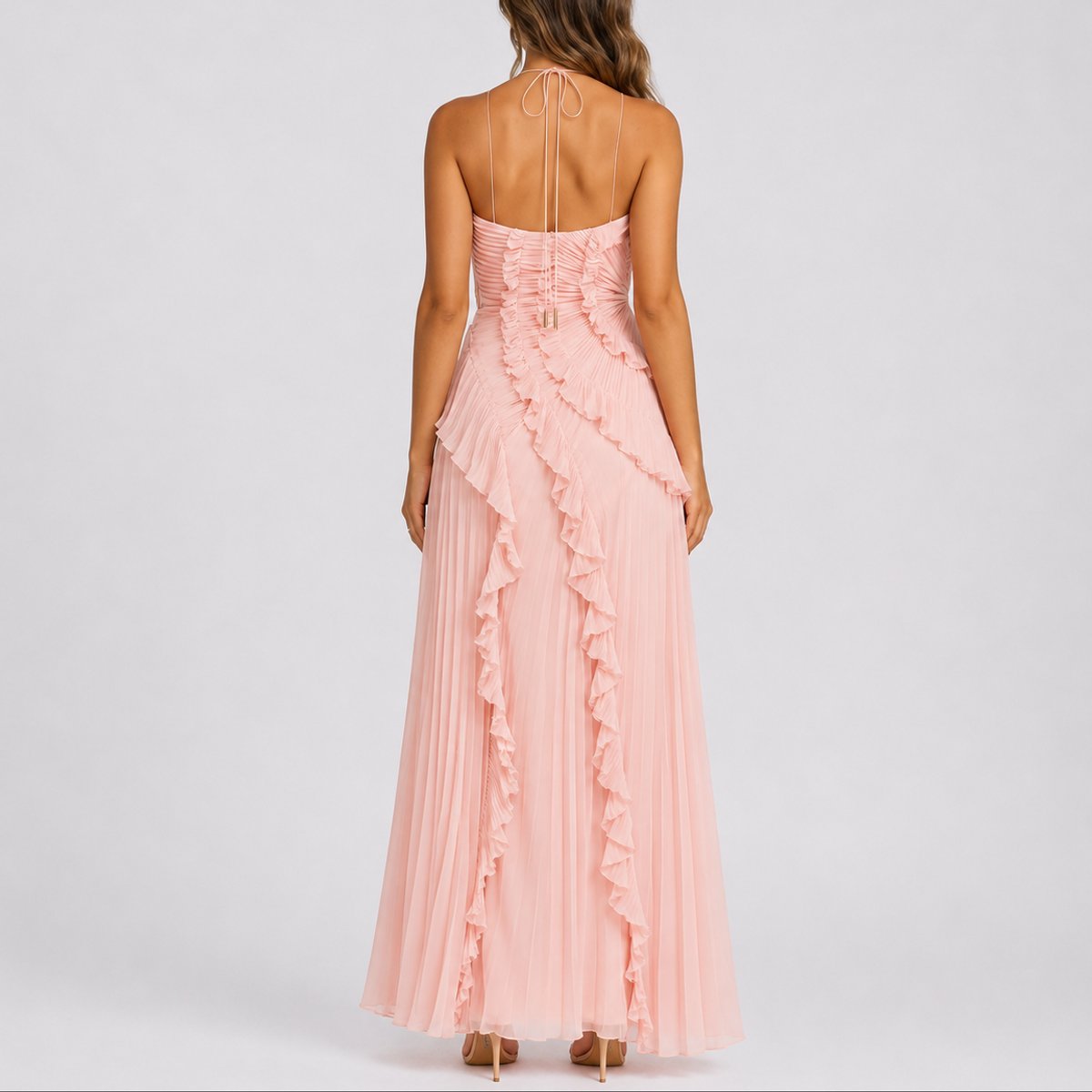 Elegant Chiffon Autumn Wedding Guest Dress for Women with Halter Neck Ruffle Asymmetrical High Low Style