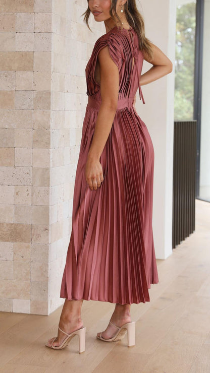 Elegant Rose Pleated Satin Autumn Wedding Guest Dress for Women with V Neck Cap Sleeve Open Back Flowing Style