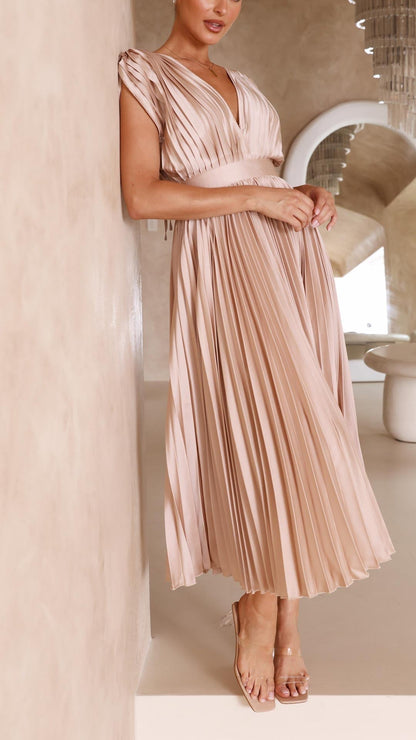 Elegant Rose Pleated Satin Autumn Wedding Guest Dress for Women with V Neck Cap Sleeve Open Back Flowing Style