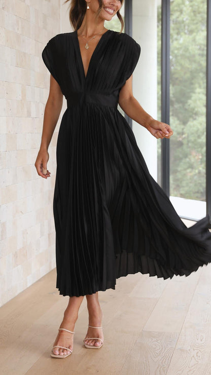 Elegant Rose Pleated Satin Autumn Wedding Guest Dress for Women with V Neck Cap Sleeve Open Back Flowing Style
