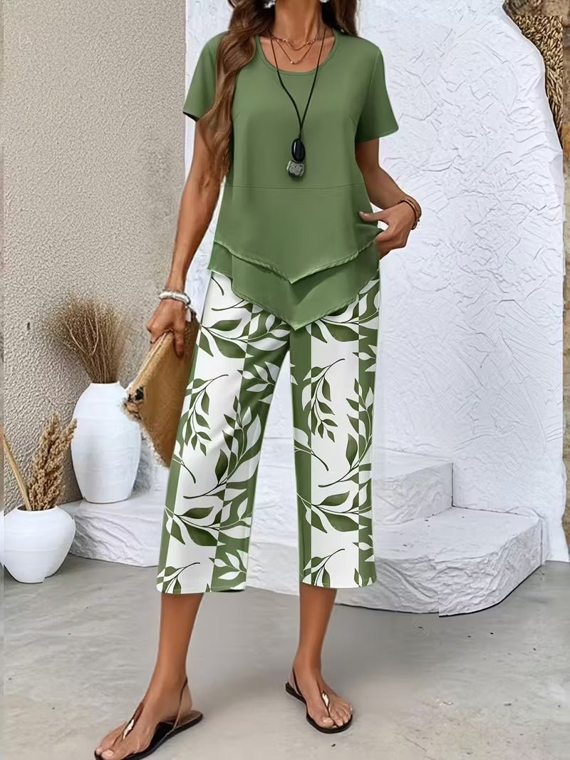 Effortless Leaf Print Two Piece Set for Women with Round Neck Short Sleeve Layered Hem Relaxed Style
