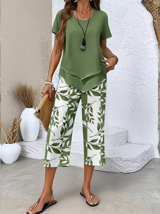 Effortless Leaf Print Two Piece Set for Women with Round Neck Short Sleeve Layered Hem Relaxed Style