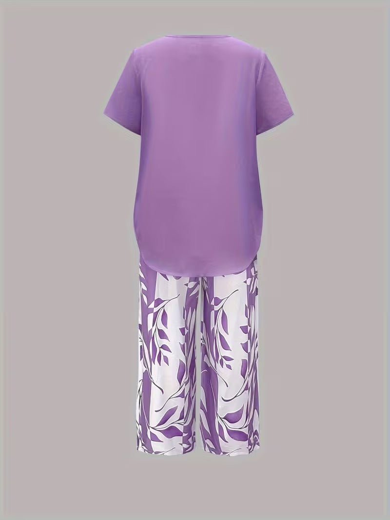 Effortless Leaf Print Two Piece Set for Women with Round Neck Short Sleeve Layered Hem Relaxed Style