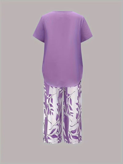 Effortless Leaf Print Two Piece Set for Women with Round Neck Short Sleeve Layered Hem Relaxed Style
