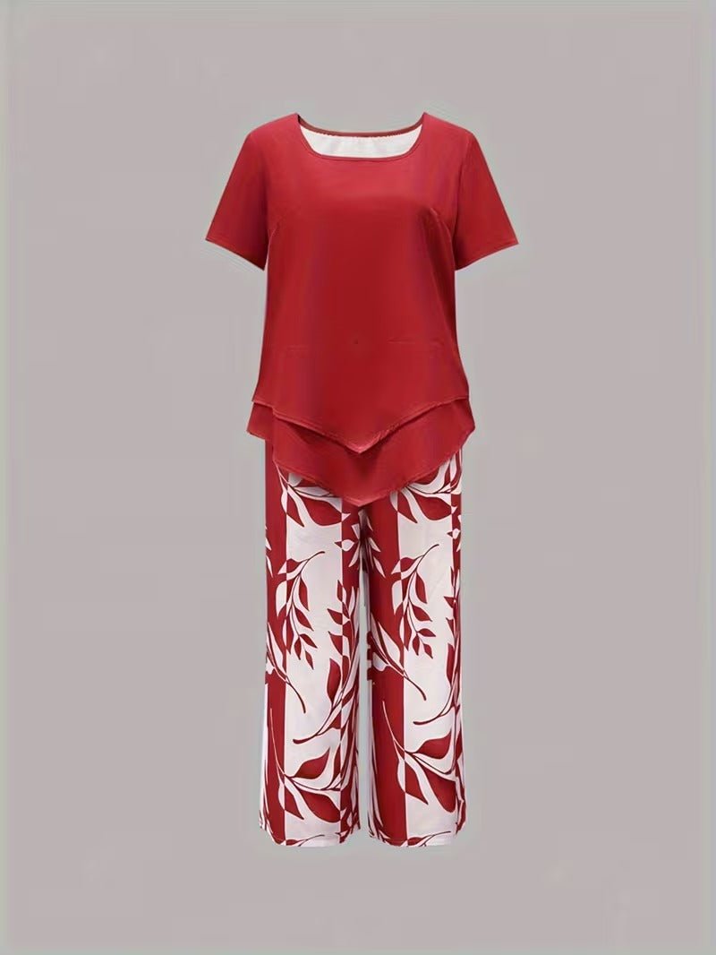 Effortless Leaf Print Two Piece Set for Women with Round Neck Short Sleeve Layered Hem Relaxed Style