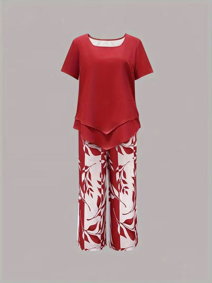 Effortless Leaf Print Two Piece Set for Women with Round Neck Short Sleeve Layered Hem Relaxed Style