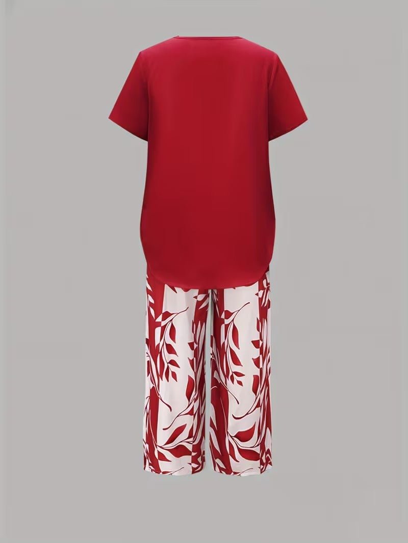 Effortless Leaf Print Two Piece Set for Women with Round Neck Short Sleeve Layered Hem Relaxed Style