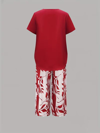 Effortless Leaf Print Two Piece Set for Women with Round Neck Short Sleeve Layered Hem Relaxed Style