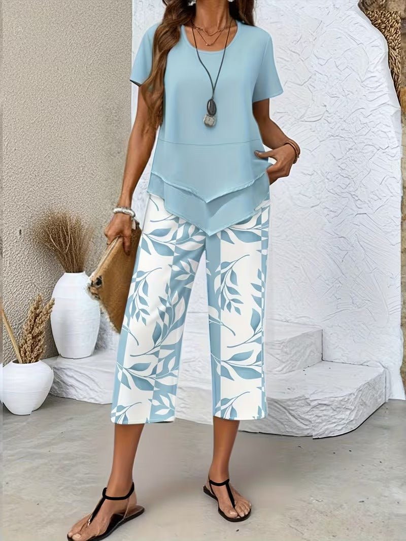 Effortless Leaf Print Two Piece Set for Women with Round Neck Short Sleeve Layered Hem Relaxed Style