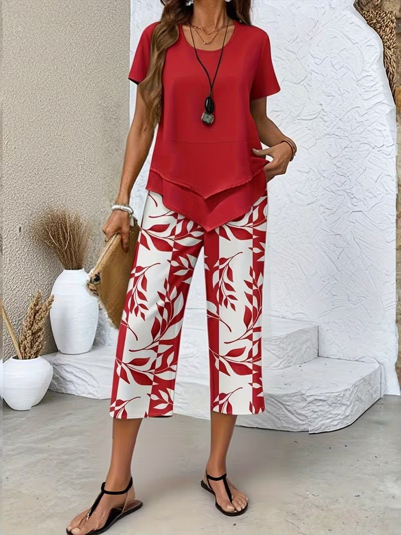 Effortless Leaf Print Two Piece Set for Women with Round Neck Short Sleeve Layered Hem Relaxed Style