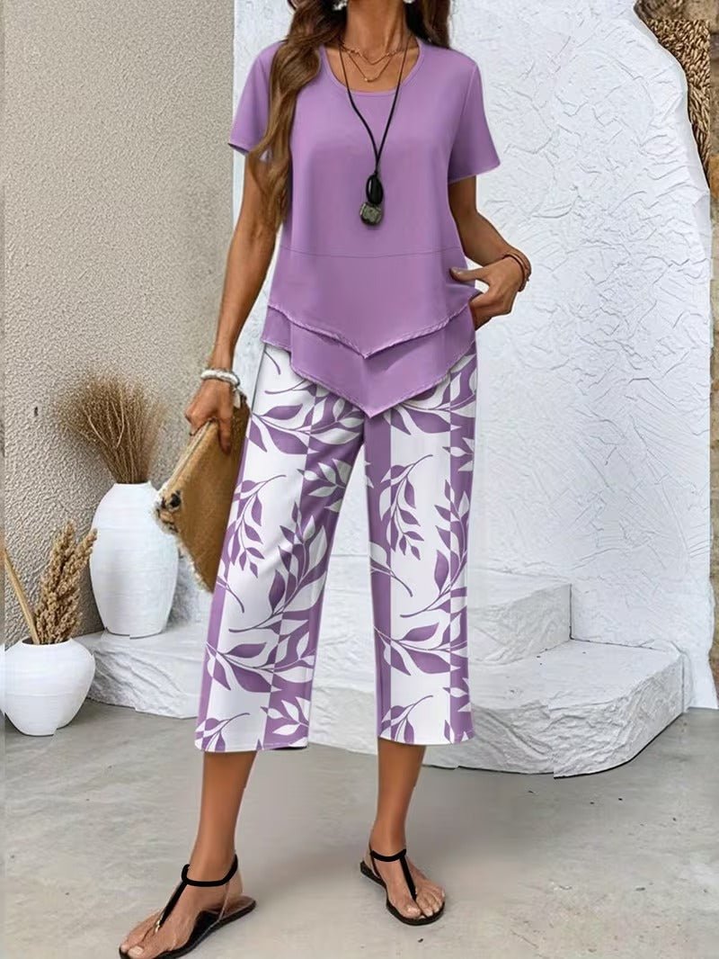 Effortless Leaf Print Two Piece Set for Women with Round Neck Short Sleeve Layered Hem Relaxed Style