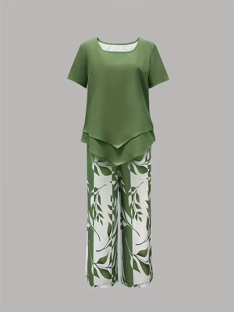 Effortless Leaf Print Two Piece Set for Women with Round Neck Short Sleeve Layered Hem Relaxed Style
