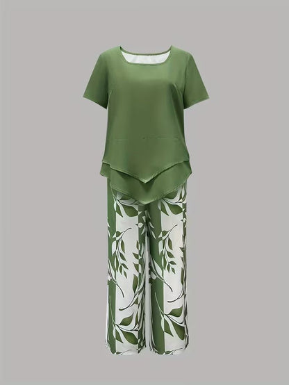 Effortless Leaf Print Two Piece Set for Women with Round Neck Short Sleeve Layered Hem Relaxed Style