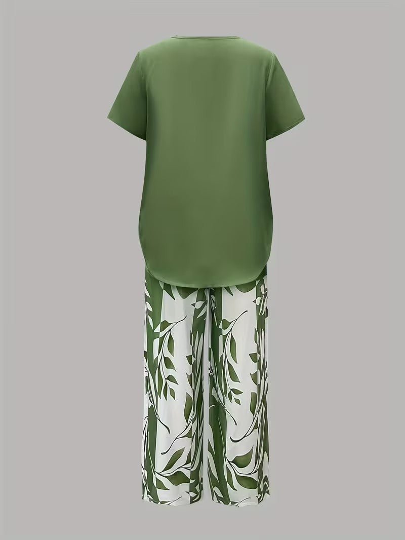 Effortless Leaf Print Two Piece Set for Women with Round Neck Short Sleeve Layered Hem Relaxed Style