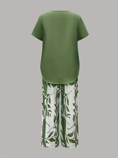 Effortless Leaf Print Two Piece Set for Women with Round Neck Short Sleeve Layered Hem Relaxed Style