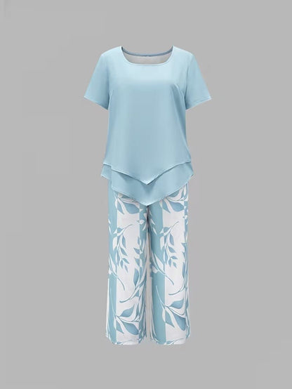 Effortless Leaf Print Two Piece Set for Women with Round Neck Short Sleeve Layered Hem Relaxed Style