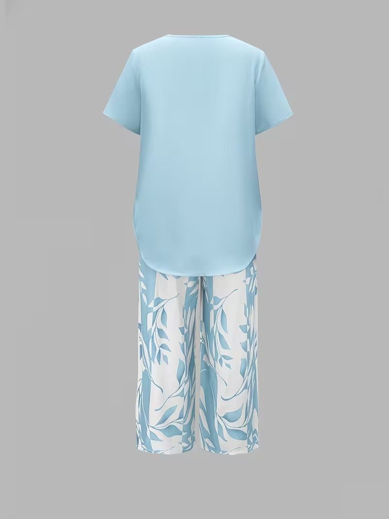 Effortless Leaf Print Two Piece Set for Women with Round Neck Short Sleeve Layered Hem Relaxed Style