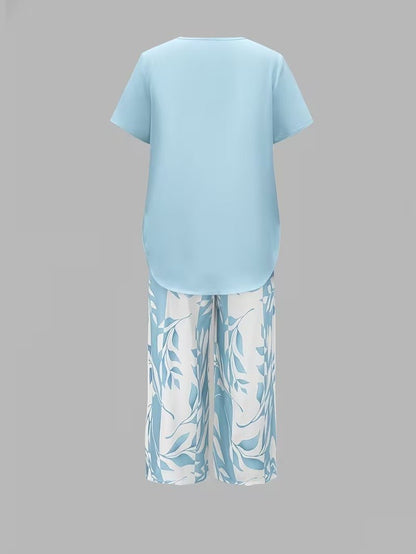 Effortless Leaf Print Two Piece Set for Women with Round Neck Short Sleeve Layered Hem Relaxed Style