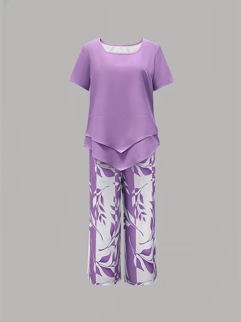 Effortless Leaf Print Two Piece Set for Women with Round Neck Short Sleeve Layered Hem Relaxed Style