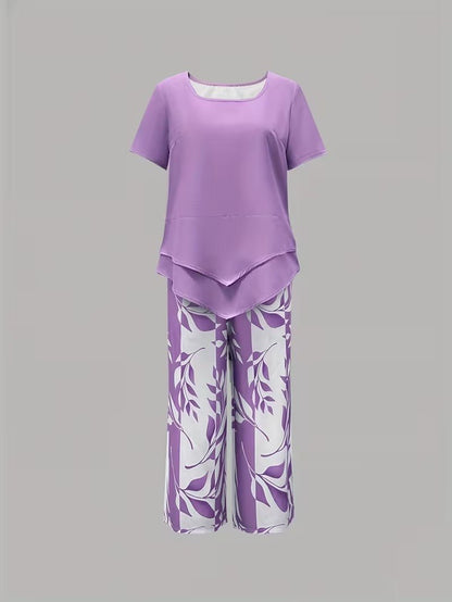 Effortless Leaf Print Two Piece Set for Women with Round Neck Short Sleeve Layered Hem Relaxed Style
