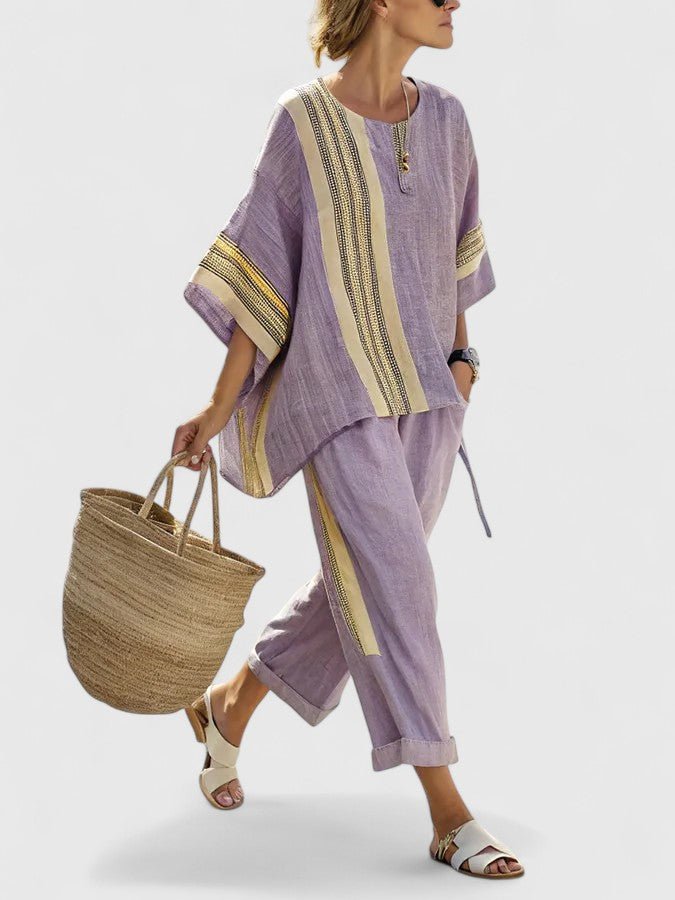 Effortless Striped Linen Wide Leg Set for Women with Round Neck Elbow Sleeve Colorblock Two Piece Style