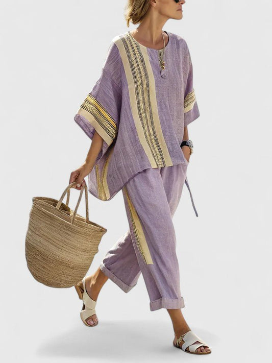Effortless Striped Linen Wide Leg Set for Women with Round Neck Elbow Sleeve Colorblock Two Piece Style
