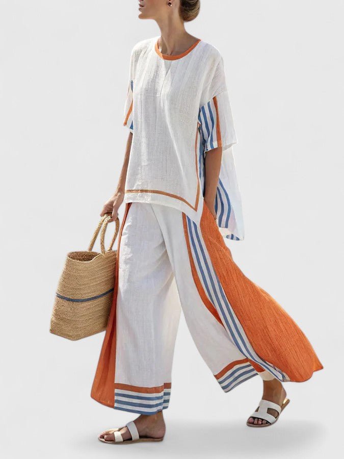 Effortless Striped Linen Wide Leg Set for Women with Round Neck Elbow Sleeve Colorblock Two Piece Style