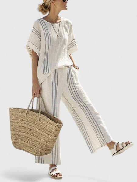 Effortless Striped Linen Wide Leg Set for Women with Round Neck Elbow Sleeve Colorblock Two Piece Style