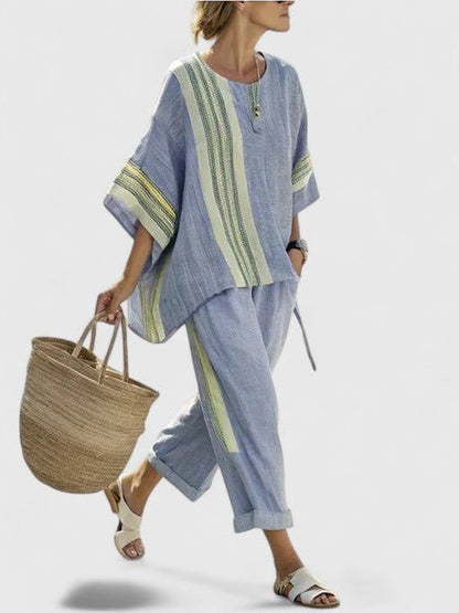 Effortless Striped Linen Wide Leg Set for Women with Round Neck Elbow Sleeve Colorblock Two Piece Style