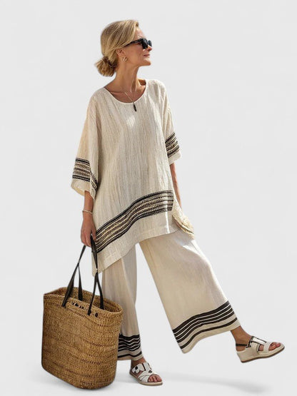 Effortless Striped Linen Wide Leg Set for Women with Round Neck Elbow Sleeve Colorblock Two Piece Style
