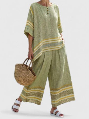 Effortless Striped Linen Wide Leg Set for Women with Round Neck Elbow Sleeve Colorblock Two Piece Style