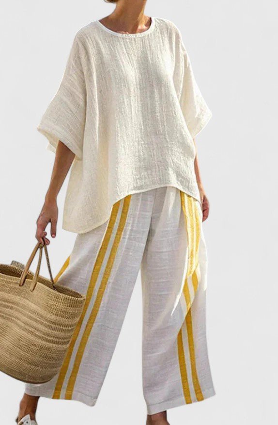 Effortless Striped Linen Wide Leg Set for Women with Round Neck Elbow Sleeve Colorblock Two Piece Style