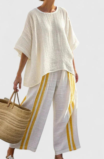 Effortless Striped Linen Wide Leg Set for Women with Round Neck Elbow Sleeve Colorblock Two Piece Style