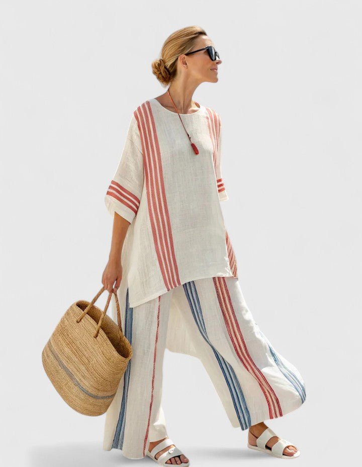 Effortless Striped Linen Wide Leg Set for Women with Round Neck Elbow Sleeve Colorblock Two Piece Style