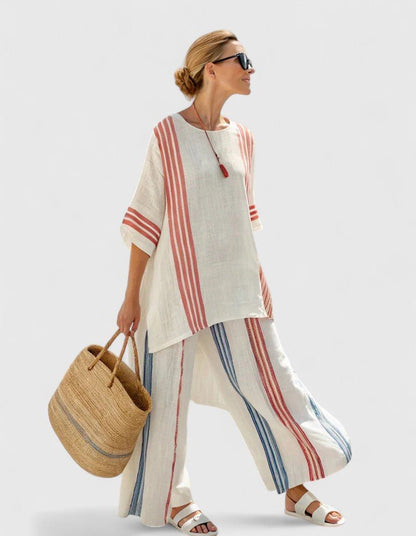 Effortless Striped Linen Wide Leg Set for Women with Round Neck Elbow Sleeve Colorblock Two Piece Style