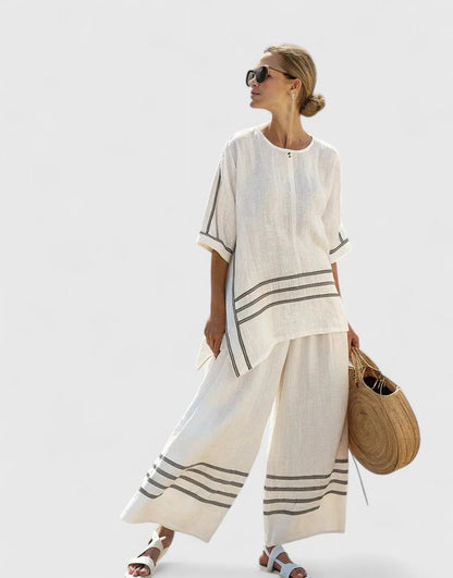 Effortless Striped Linen Wide Leg Set for Women with Round Neck Elbow Sleeve Colorblock Two Piece Style
