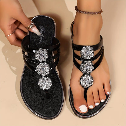 Elegant Rhinestone Thong Sandals for Women with Braided Strap Flower Embellished Flat Bohemian Style
