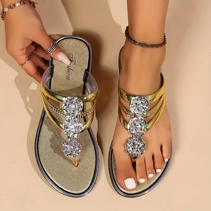 Elegant Rhinestone Thong Sandals for Women with Braided Strap Flower Embellished Flat Bohemian Style