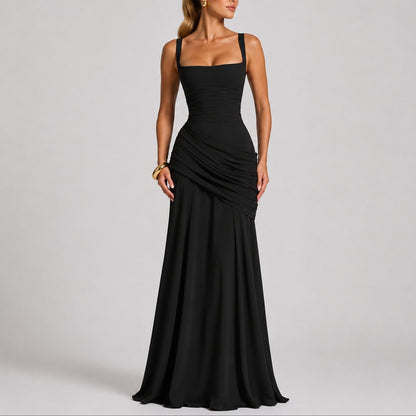 Elegant Autumn Wedding Guest Dress for Women with Square Neck Sleeveless Ruched Mermaid Style