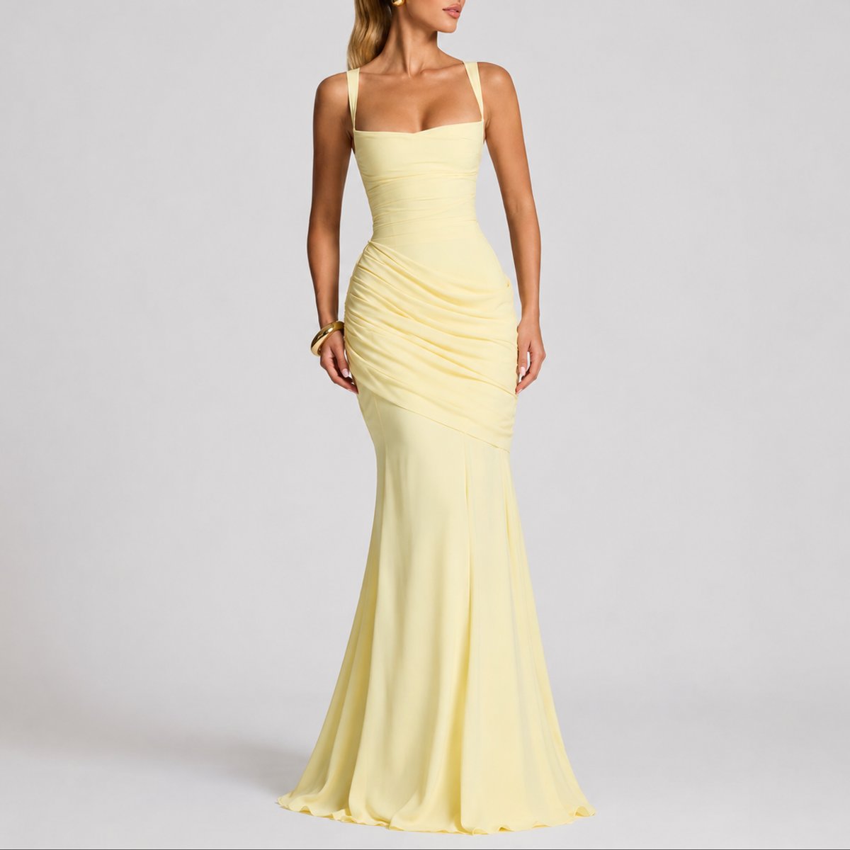 Elegant Autumn Wedding Guest Dress for Women with Square Neck Sleeveless Ruched Mermaid Style