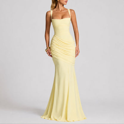 Elegant Autumn Wedding Guest Dress for Women with Square Neck Sleeveless Ruched Mermaid Style
