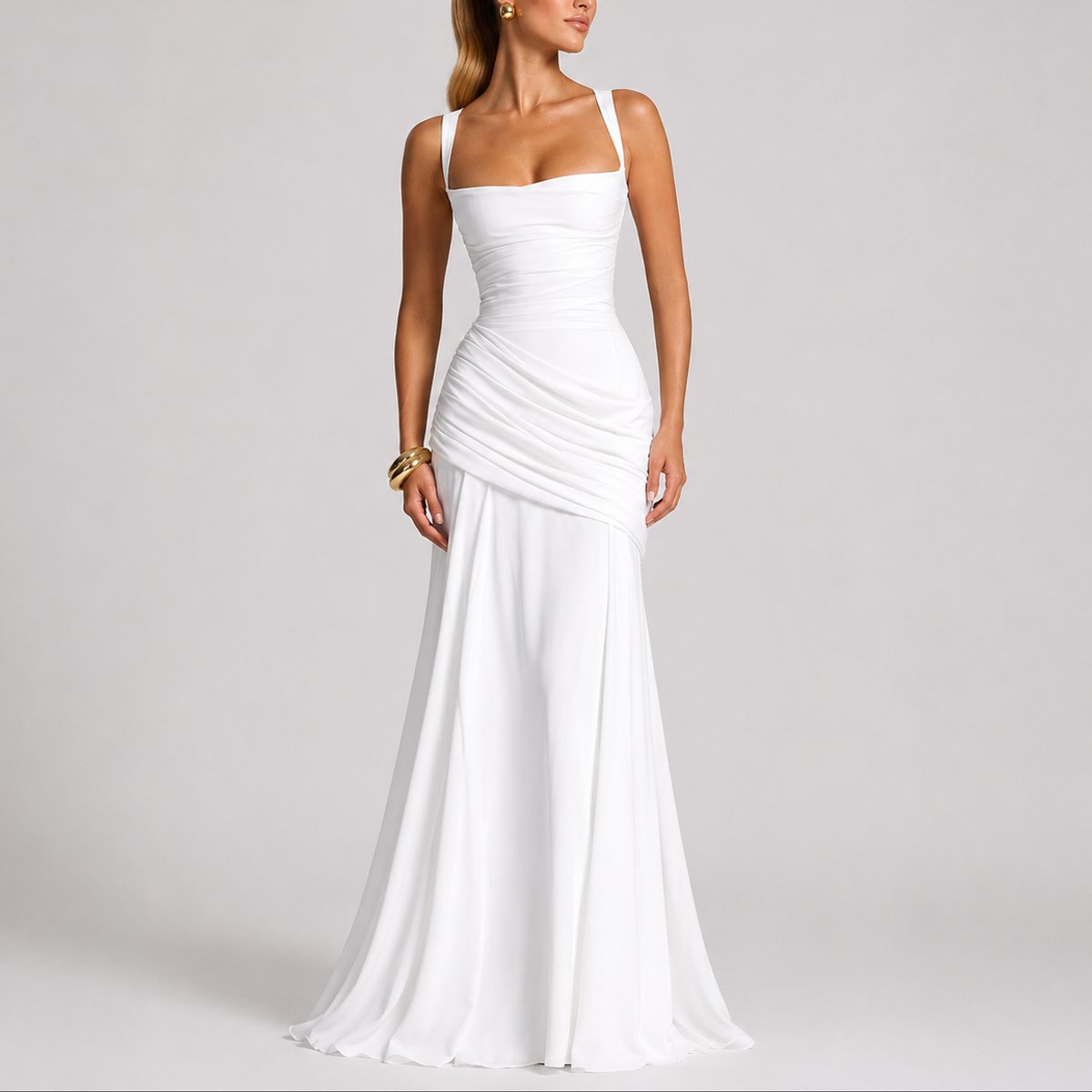 Elegant Autumn Wedding Guest Dress for Women with Square Neck Sleeveless Ruched Mermaid Style
