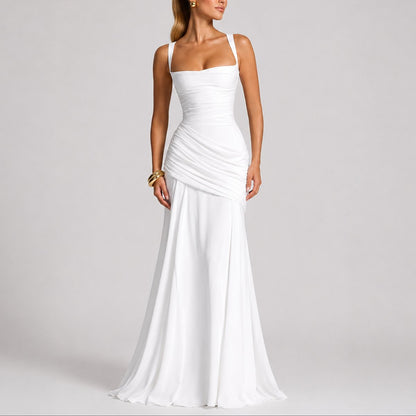 Elegant Autumn Wedding Guest Dress for Women with Square Neck Sleeveless Ruched Mermaid Style