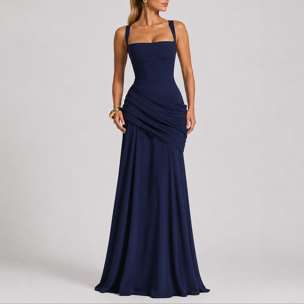 Elegant Autumn Wedding Guest Dress for Women with Square Neck Sleeveless Ruched Mermaid Style