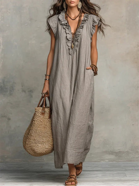 Effortless Linen Maxi Dress for Women with Ruffle V Neck Cap Sleeve Flowing Bohemian Style