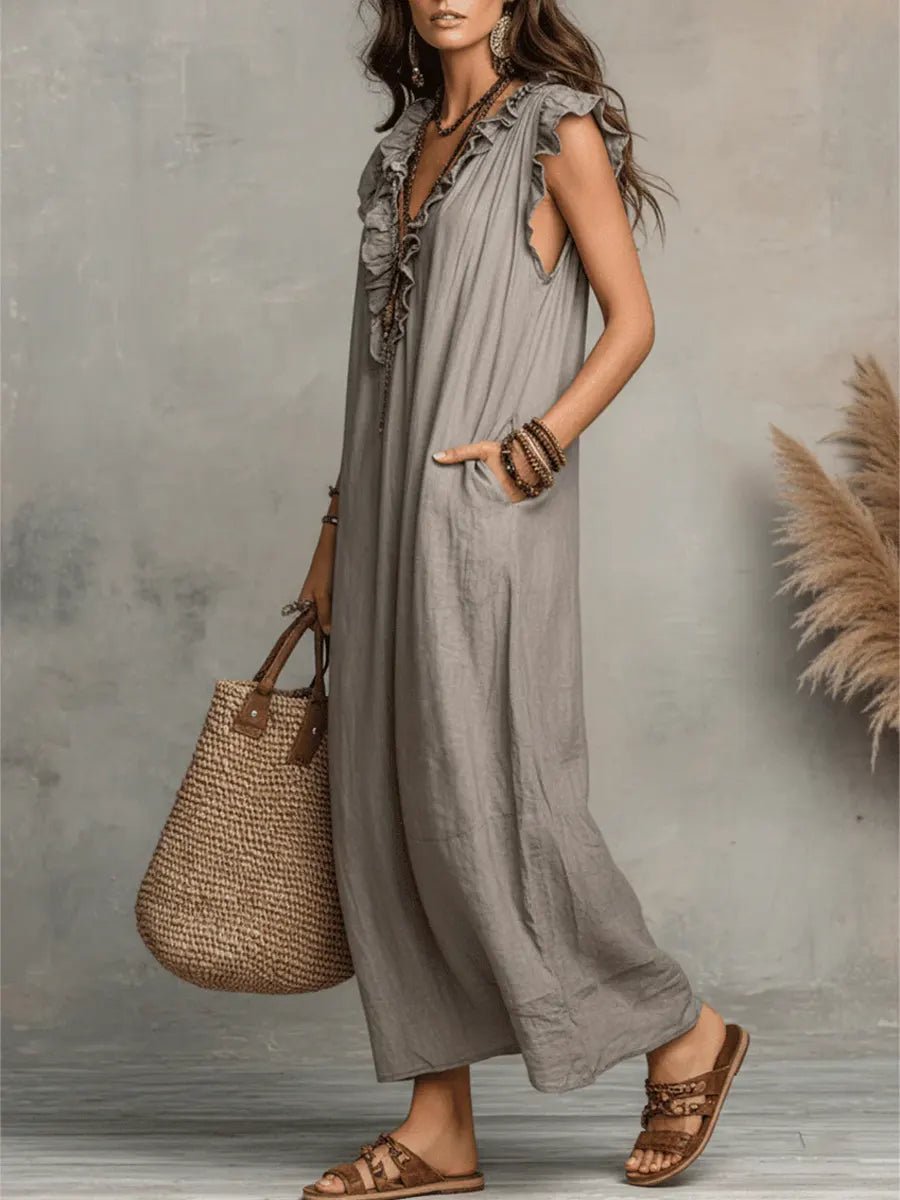 Effortless Linen Maxi Dress for Women with Ruffle V Neck Cap Sleeve Flowing Bohemian Style