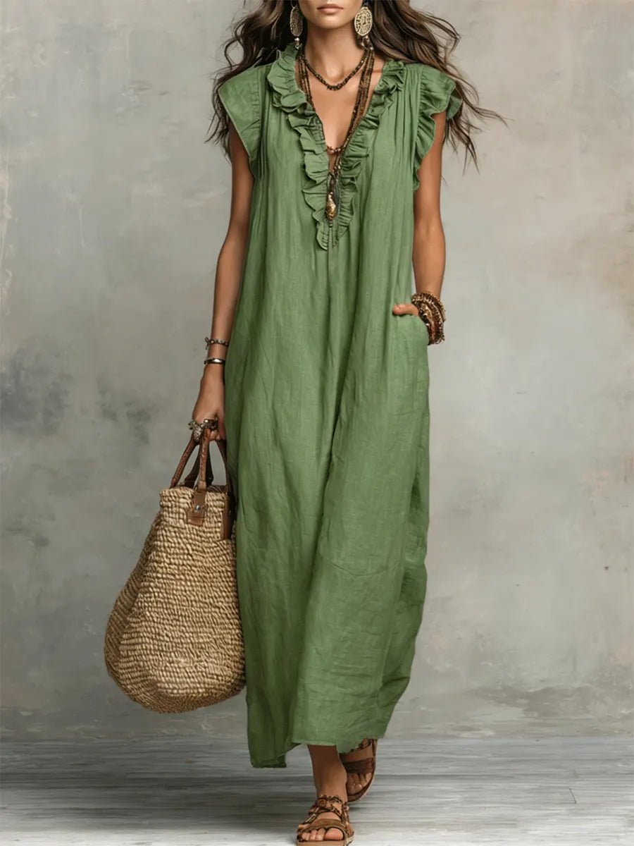 Effortless Linen Maxi Dress for Women with Ruffle V Neck Cap Sleeve Flowing Bohemian Style