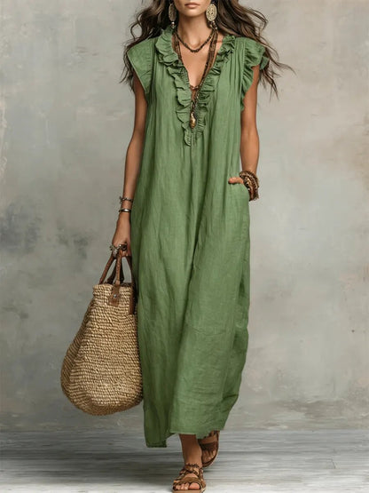 Effortless Linen Maxi Dress for Women with Ruffle V Neck Cap Sleeve Flowing Bohemian Style