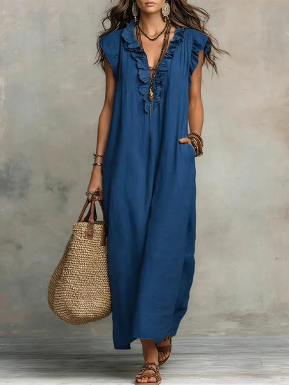 Effortless Linen Maxi Dress for Women with Ruffle V Neck Cap Sleeve Flowing Bohemian Style