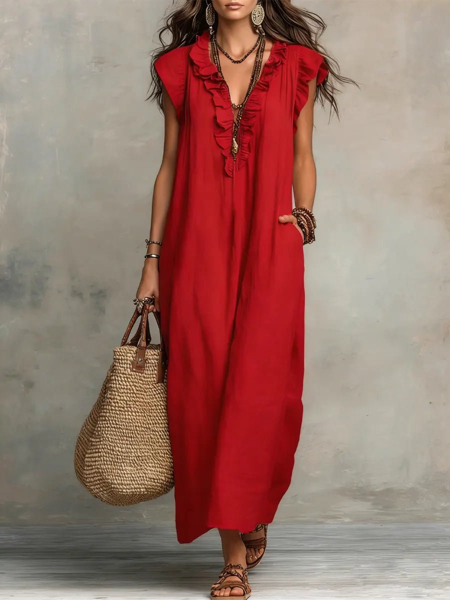 Effortless Linen Maxi Dress for Women with Ruffle V Neck Cap Sleeve Flowing Bohemian Style